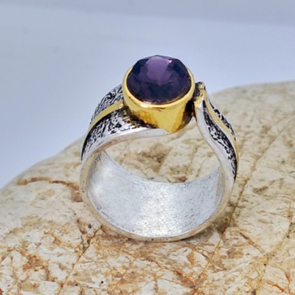 💜 Vintage Gold Silver Color Purple Stone Ring 💜